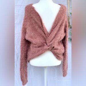 Love Tree Pink Oversized Sweater Soft Cross Knot Back V Neck